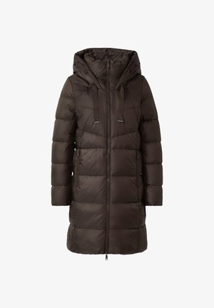 Manteau rembourré marron avec capuche, présentant une fermeture éclair frontale, deux poches latérales et des cordons de serrage réglables. Texture lisse et brillante avec un design matelassé.