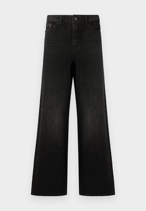 Zwarte wijde jeans van denim, met een knoopsluiting aan de voorkant, riemlussen en vier zakken, met een gladde textuur en een lichte vervaging.