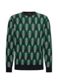 Maglione lavorato a maglia verde e nero con un motivo ad arco in bianco e verde scuro. Collo a giro e polsini a coste, realizzato in tessuto morbido.