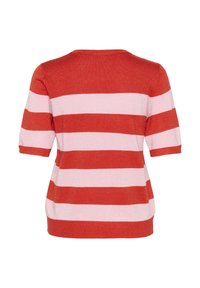 Short-sleeve sweater featuring red and pink horizontal stripes, round neck, and a soft, textured knit material.
