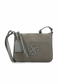 Borsa a tracolla in suede grigio con finitura texture, caratterizzata da un logo prominente, un'etichetta rimovibile e una tracolla regolabile.