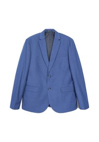 Blazer blu realizzato in tessuto testurizzato, con chiusura a due bottoni, rever a punta e due tasche frontali. Interno foderato in una tonalità più scura.
