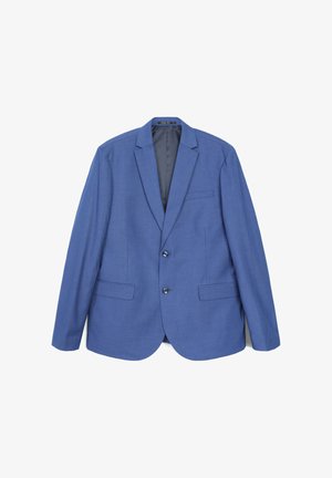 Blauer Blazer aus strukturiertem Stoff, mit einem Zwei-Knopf-Verschluss, Reverskragen und zwei Fronttaschen. Futter in einem dunkleren Farbton.