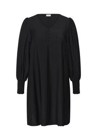 Sort kjole med V-udskæring, knapdetaljer foran og pufærmer. Har smockede manchetter og en afslappet pasform. Struktureret stof.