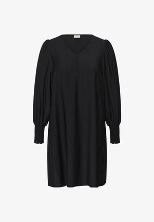 Črna obleka z V-izrezom, gumbnimi detajli spredaj in nabranimi rokavi. Ima nabran rob in sproščen kroj. Teksturirana tkanina.