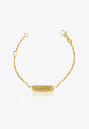 Goldenes Armband mit einem strukturierten, rechteckigen Mittelpunkt, befestigt an einem Gliederkettenband. Verfügt über einen Karabinerverschluss für sicheren Halt.