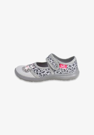 Grau-schwarzer Mary-Jane-Schuh für Kinder mit Leopardendruck, besticktem Katzenmotiv auf der Spitze und Klettverschluss.