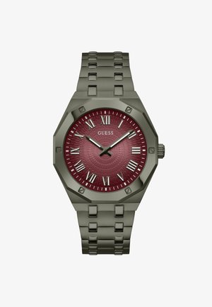 Octagonale roestvrijstalen horloge met een bordeauxrode gestructureerde wijzerplaat, zilveren Romeinse cijfers en een grijze metalen schakelband.