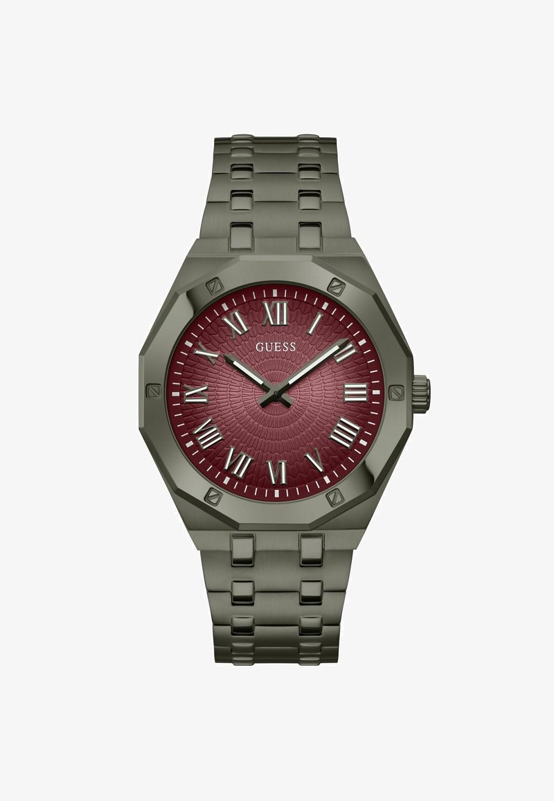 Ósemokątny zegarek ze stali nierdzewnej z burgundową, teksturowaną tarczą, srebrnymi cyframi rzymskimi i szarym bransoletą z metalowych ogniw.