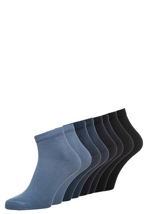 Cotton ankle socks set with a gradient of colors from light blue to black. Features smooth texture and ribbed cuffs for secure fit.