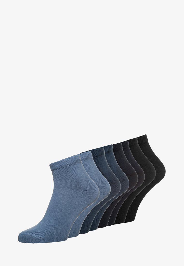 Cotton ankle socks set with a gradient of colors from light blue to black. Features smooth texture and ribbed cuffs for secure fit.