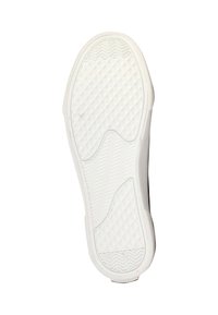 Semelle de chaussure en caoutchouc blanc avec des motifs texturés en losanges et en zigzags, y compris des bords arrondis et un talon courbé pour une meilleure traction.