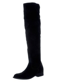 Svarta stövlar över knäna i mjukt mockaskinn, med rund tå, låg klack och minimal sömnadsdetalj för en snygg silhuett.