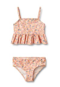 Tvådelad baddräkt för flickor med ett blommönster i rosa, orange och blått, med en volangtop och matchande bikinibyxor.
