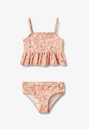 Maillot de bain deux pièces pour filles avec un motif floral rose, orange et bleu, comprenant un haut de tank à volants et un bas de bikini assorti.