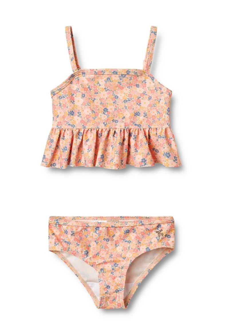 Tvådelad baddräkt för flickor med ett blommönster i rosa, orange och blått, med en volangtop och matchande bikinibyxor.