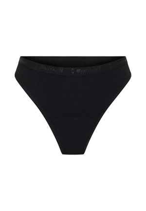 Thong en coton noir avec une texture lisse, doté d'une fine taille estampillée du nom de la marque. Conçu pour un ajustement à couverture minimale.