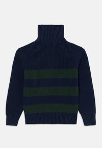 Marineblauer Strickpullover mit hohem Rippenkragen, mit horizontalen Streifen in Olivgrün und Dunkelblau, strukturierter Stoff und gerippte Bündchen.