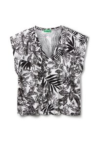 Top de patrón floral en blanco y negro con escote en V, mangas cortas y un corte relajado. Fabricado en tejido ligero, presenta diseños de hojas variados.
