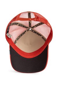 Red mesh trucker cap with a curved black brim, featuring a smooth inner lining and branded inner band with "GOORIN" text.