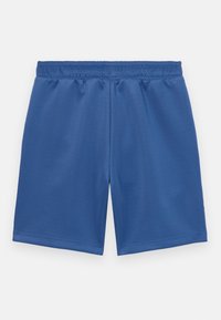 Blå treningsshorts laget av glatt, lett stoff med elastisk midjebånd. Har en rett skjæring og hemmede kanter.