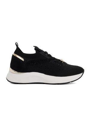 Black knit sneakers with a textured upper, white midsole, and metallic gold accent on the heel, featuring a round toe and lacing system.
