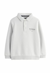 Svetlo šedá bavlnená mikina s polo golierom, tromi gombíkmi, rebrovanými manžetami a spodným lemom, s tmavosivým logom "ALLSAINTS".