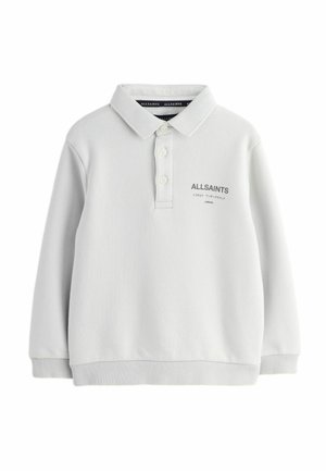 Šviesiai pilka medvilninė džemperis su polo apykakle, trimis mygtukais, ribotais rankogaliais ir apačia, su "ALLSAINTS" logotipu tamsiai pilkos spalvos.