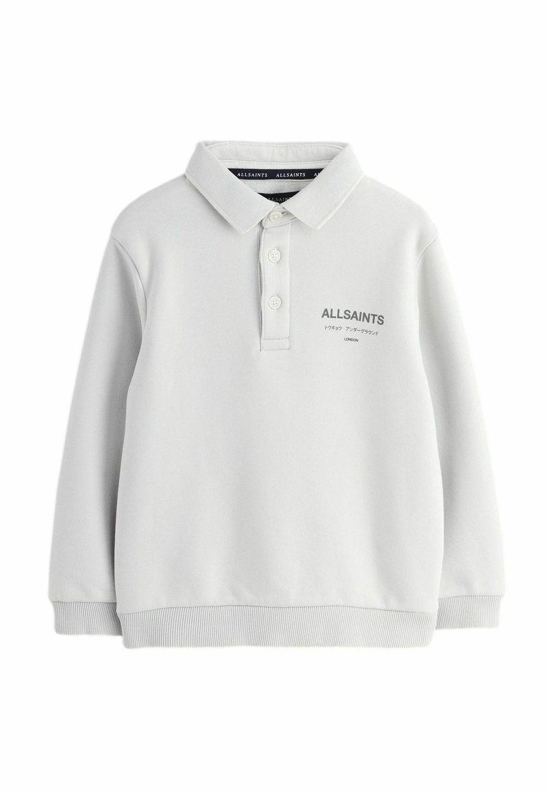 Svetlo šedá bavlnená mikina s polo golierom, tromi gombíkmi, rebrovanými manžetami a spodným lemom, s tmavosivým logom "ALLSAINTS".