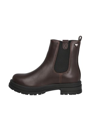 Botas Chelsea de cuero marrón con paneles laterales elásticos, una lengüeta y una suela de goma negra resistente. Detalle en forma de corazón cerca del talón.