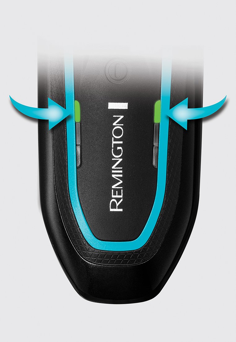 Afeitadora eléctrica negra con botones verdes y detalles azules. Cuenta con un agarre texturizado y el nombre de la marca "Remington" destacado.