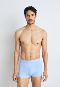 Lichtblauwe katoenen boxershorts met een grijze elastische tailleband met het logo "Calvin Klein". Gladde textuur, aansluitend ontwerp en lengte tot halverwege de dij.