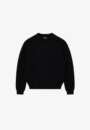 Schwarzer, gestrickter Pullover mit rundem Ausschnitt, langen Ärmeln, gerippten Bündchen und Saum. Die strukturierte Stoff sorgt für einen gemütlichen, warmen Look.