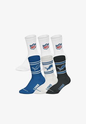 Drei Paar NFL-Socken mit dem Detroit Lions-Logo in Blau, Weiß und Schwarz mit Streifen und dem Schriftzug "Lions" am Fuß.
