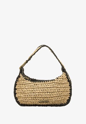 Sac à main tissé présentant une forme arrondie, couleur beige naturel avec des accents noirs, et une seule lanière d'épaule. Surface texturée avec des coutures visibles.