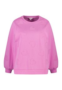 Roze sweatshirt met pofmouwen, versierd met geborduurde harten. Zacht materiaal en geribbelde manchetten aan de onderkant en mouwen.