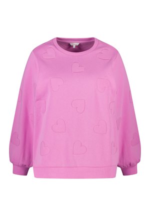 Roze sweatshirt met pofmouwen, versierd met geborduurde harten. Zacht materiaal en geribbelde manchetten aan de onderkant en mouwen.