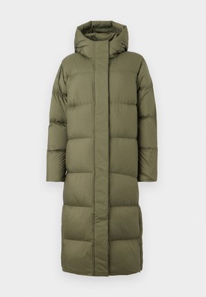 Long olive green padded winter coat with hood, quilted design, and concealed front closure.