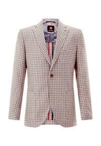 Karierte Blazer mit lila und beige Muster, einzelner brauner Knopfverschluss, Reverskragen und kontrastierenden roten und marineblauen Akzenten innen.