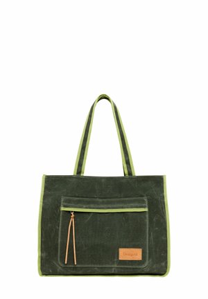 Grüne Canvas-Umhängetasche mit limettengrünen Akzenten, ausgestattet mit einer Vorderseite mit Reißverschluss und einem Leder-Logo-Patch. Doppelte Tragegriffe.