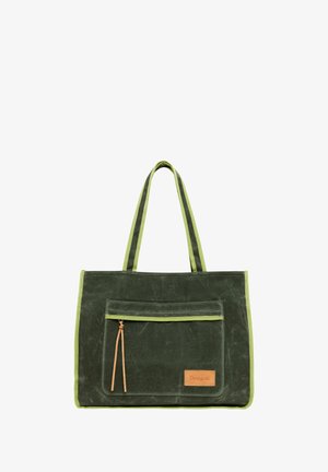 Grüne Canvas-Umhängetasche mit limettengrünen Akzenten, ausgestattet mit einer Vorderseite mit Reißverschluss und einem Leder-Logo-Patch. Doppelte Tragegriffe.