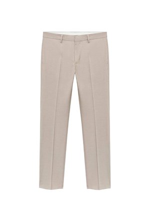 Beige tailored trousers with a straight cut, featuring front pleats, belt loops, and subtle texture. Suitable for formal and casual settings.