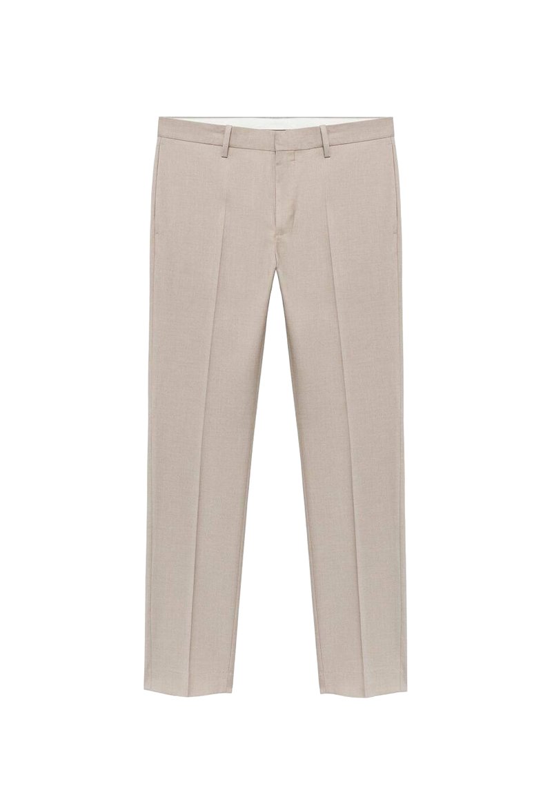 Beige skræddersyede bukser med lige snit, der har forkortede folder, bæltestropper og en subtil tekstur. Egnet til både formelle og afslappede anledninger.