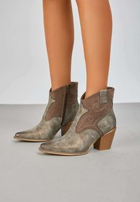 Bottes chevilles marron et grises avec des pointes effilées, en suède texturé, couture de style western, fermeture éclair sur le côté et talon empilé.