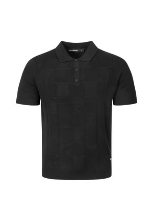 Schwarzes kurzärmeliges Strick-Poloshirt mit strukturiertem quadratischem Muster und Dreiknopf-Leiste, Größe M.
