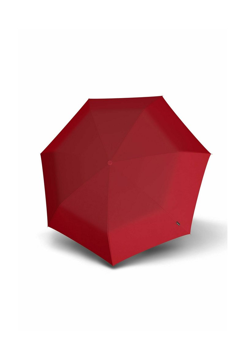 Red umbrella with a smooth fabric surface, octagonal shape, and a central button for opening. No visible patterns or hardware details.