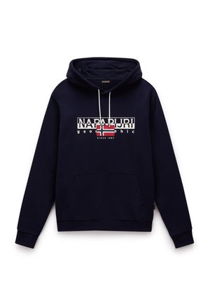 Námořnická mikina s kapucí, přední klokankovou kapsou, stahovací šňůrkou a grafickým logem s norskou vlajkou. Měkká látka a ribbované manžety.