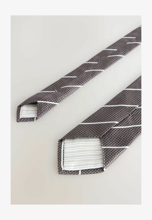 Cravatta marrone con trama e strisce bianche diagonali; le estremità sono a punta; l'interno presenta un motivo a righe multicolore.