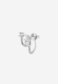 Anello in acciaio inox argento con diverse pietre preziose trasparenti di varie forme, tra cui rotonde e rettangolari, con una finitura liscia.