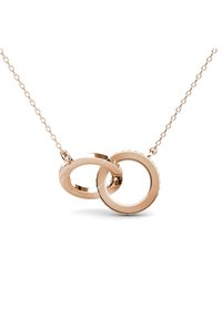 Collier en or rose présentant deux pendentifs circulaires entrelacés, l'un poli et lisse, l'autre texturé avec de petites crêtes.